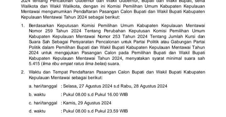 Komisi Pemilihan Umum Kepulauan Mentawai Keluarkan Pengumuman Tentang Pendaftaran Calon Bupati dan Wakil Bupati Kabupaten Kepulauan Mentawai Tahun 2024